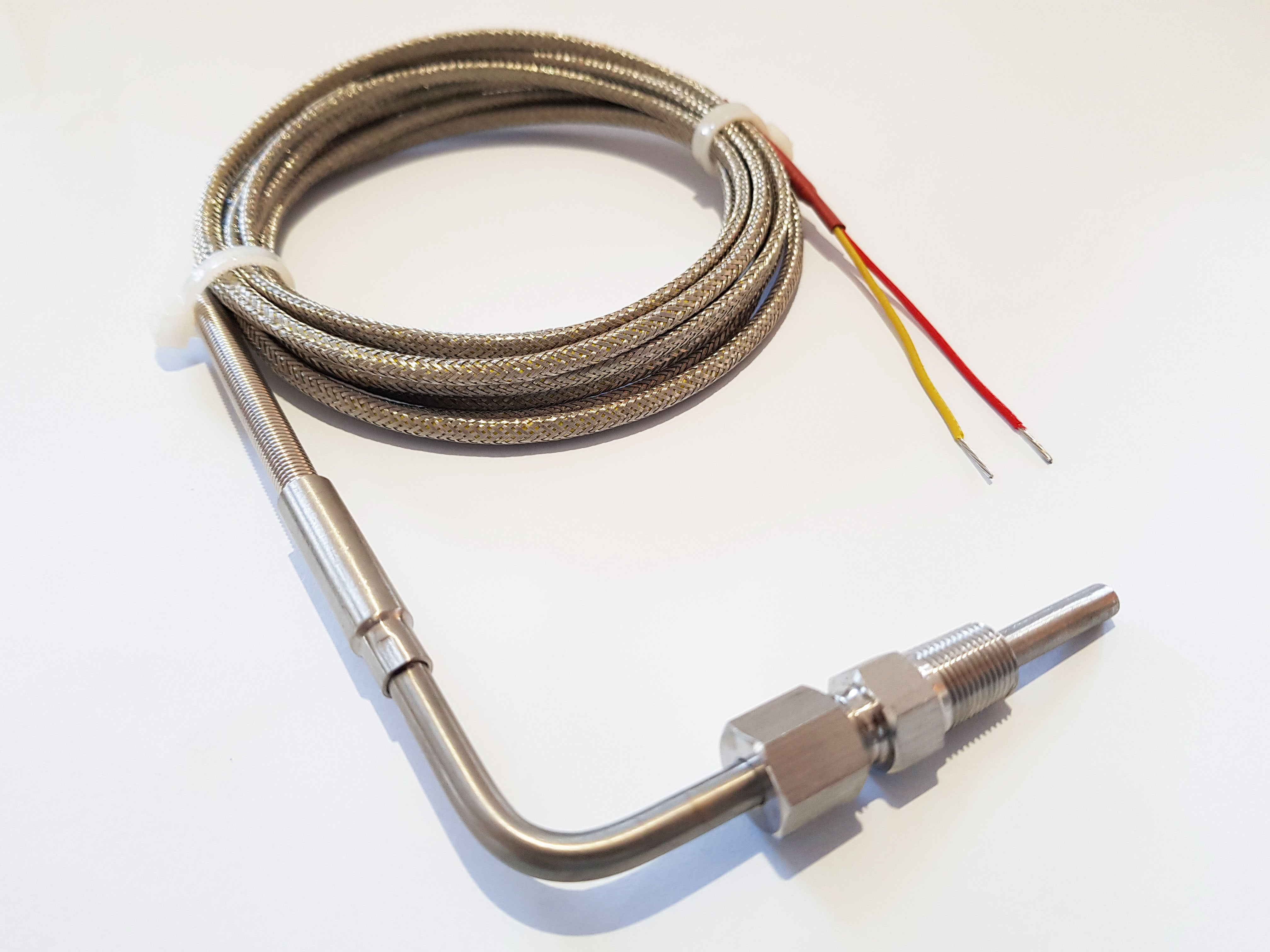 A OZtherm EGT Exposed Tip Fast Response Sensor Inconel. The product is stainless steel and the connecting wires are red and yellow.